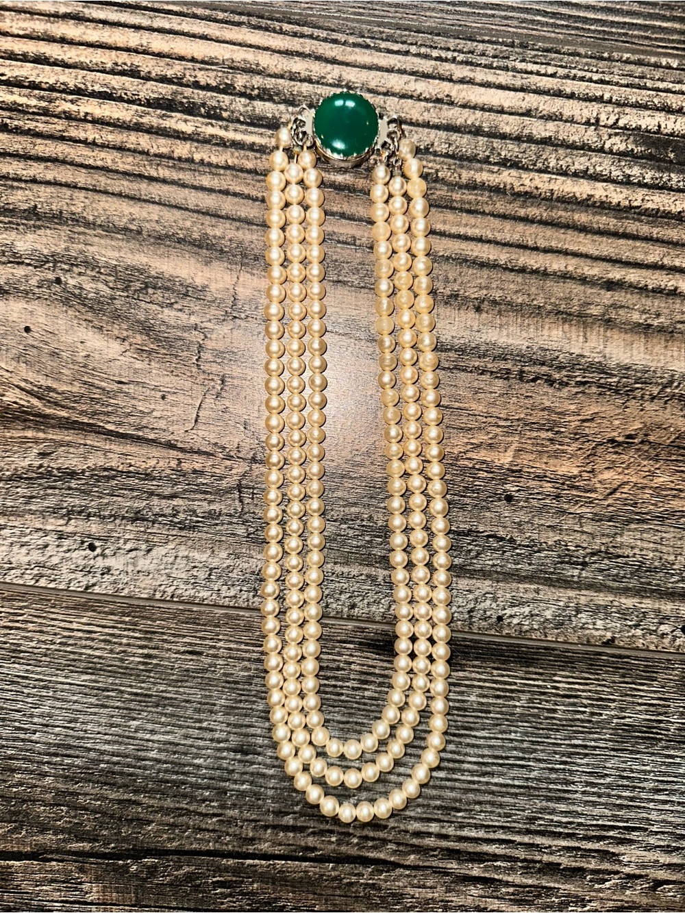 Sarah Coventry Cream Pearl Triple-Strand Necklace w/ Green/Cream Cabochon Clasp